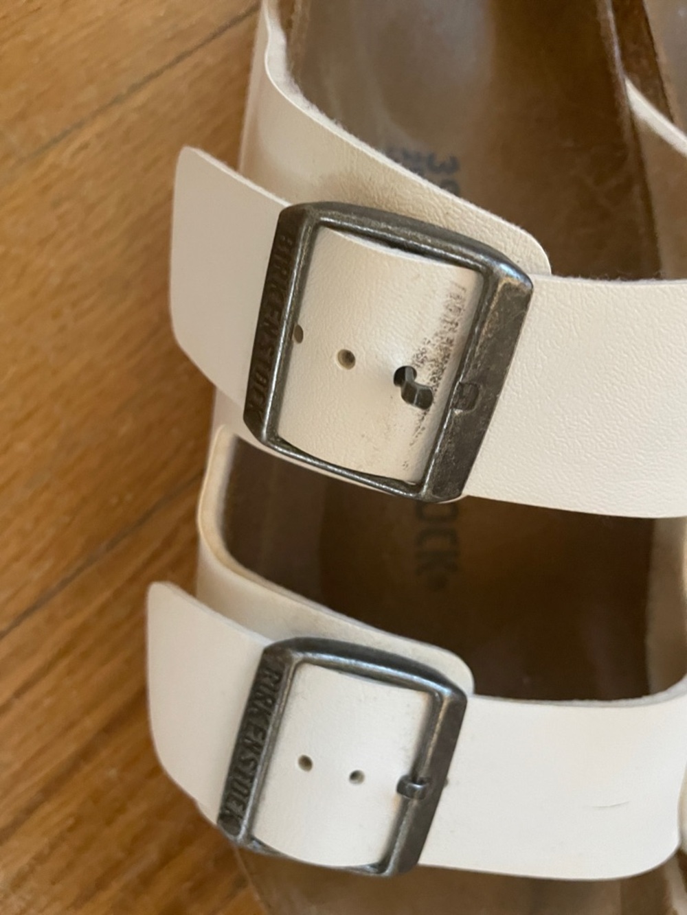 Birkenstock White Double-Strap Sandals with Silver Buckles 8 EUC - Picture 4 of 8